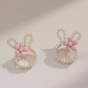 COPY - Faux Pearl Floral Accent Easter Bunny Silhouette Stainless Steel Stud Ea…